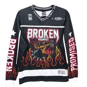 Broken Promises Black Hockey Jersey Mens Big Bark Flames Print Long Sleeves Sz S